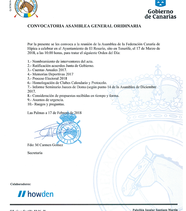Convocatoria de Asamblea General Ordinaria de la Federacion Canaria de Hipica